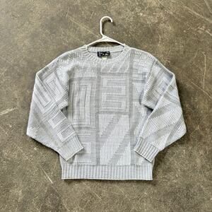 Vintage Pour le Chic Sweater Women's S Gray Geometric Knit 80s Retro Winter